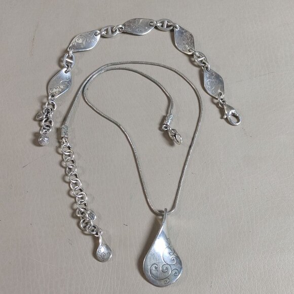 Brighton Set Teardrop Twist Scroll Silver Tone Necklace Bracelet Hoop Earrings - Picture 12 of 13